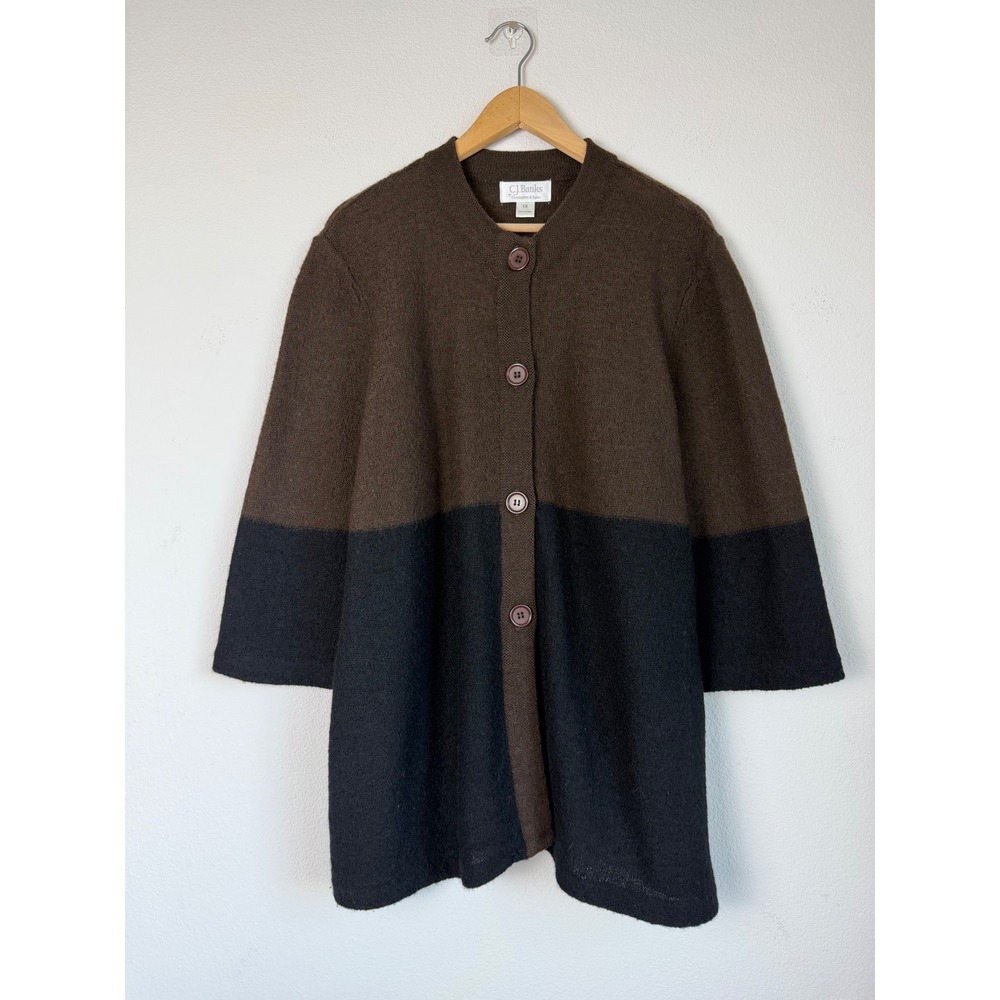 C.J. Banks Women 100% Wool Cardigan Jacket 1X Brown Black Colorblock Lagenlook